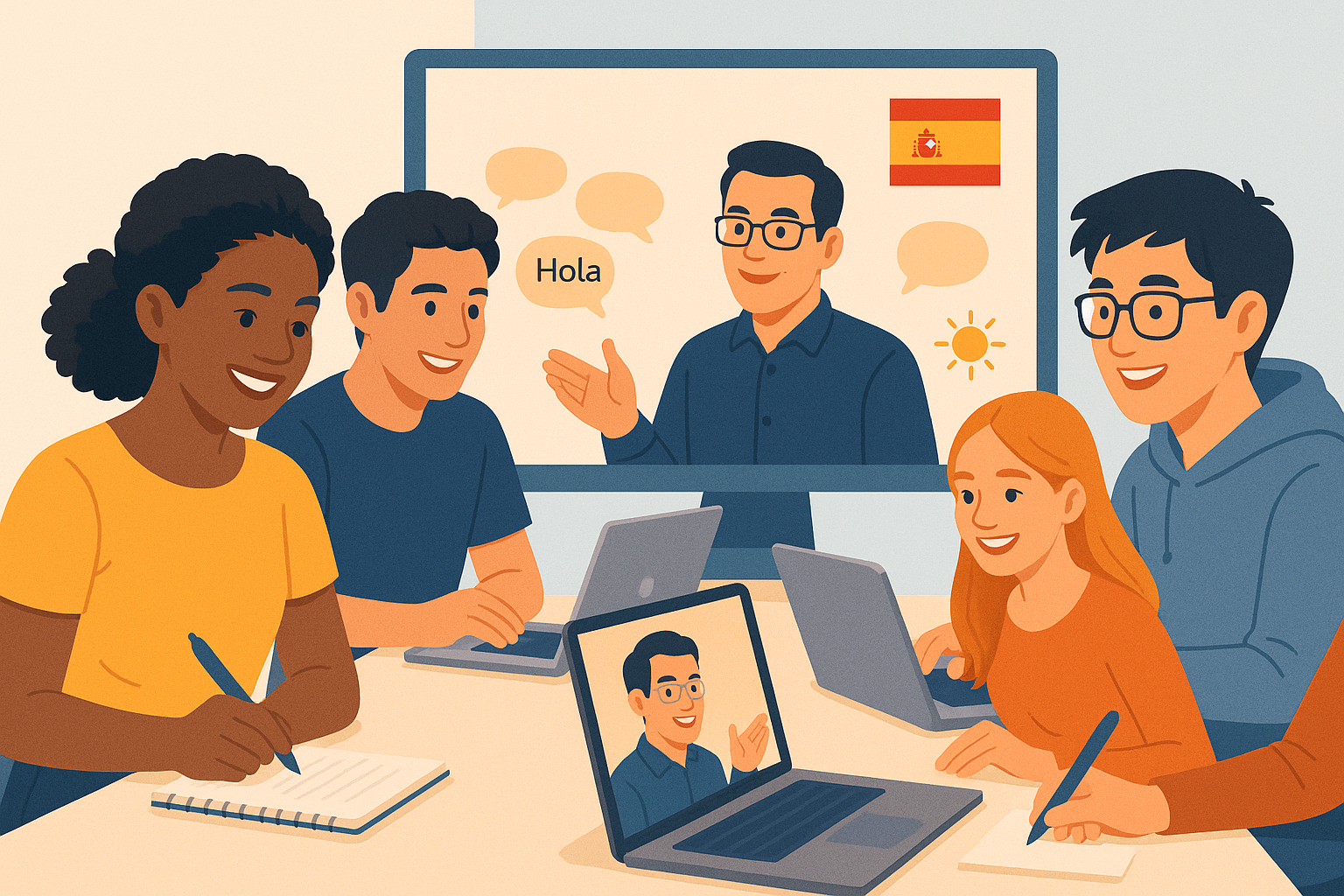 Students learning Spanish online with interactive activities